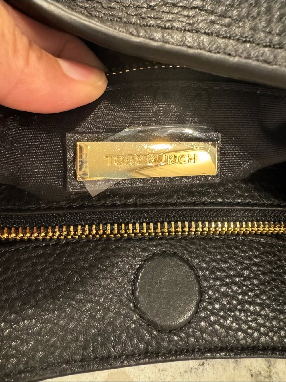 Tory Burch Black Leather Shoulder Tote with Gold Logo & Chain